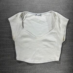 Zara‎ Crop Top Womens S Cream Good Sweetheart Neck Textured Short Sleeve 1446
